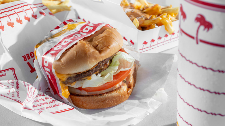 A view of an In-N-Out Burger combo meal.