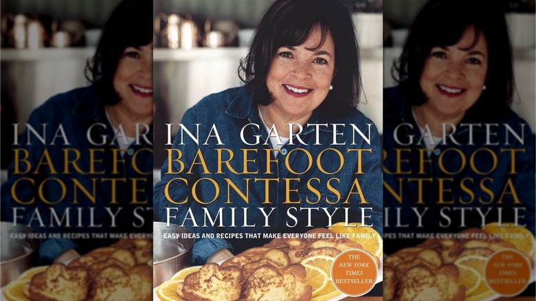 Book cover for Barefoot Contessa Family Style, showing Ina Garten in a denim shirt, holding a platter of French toast and orange slices