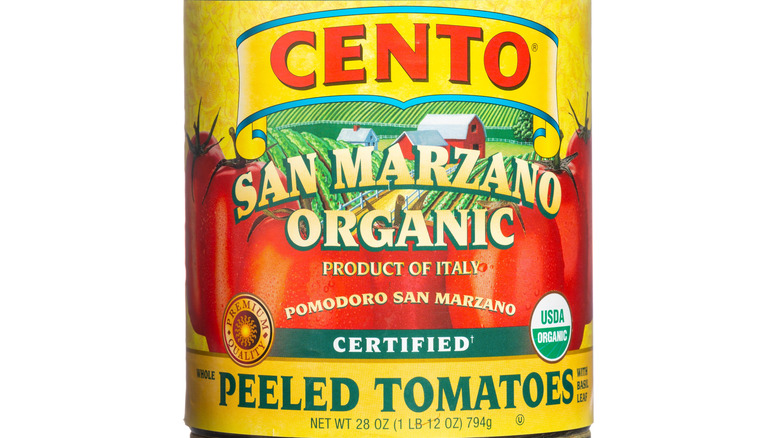 One can of Cento brand San Marzano organic tomatoes, with a red logo on a yellow background