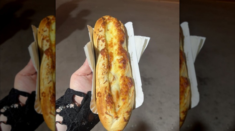 Woman's hand holding a hot dog in a baguette topped with cheese
