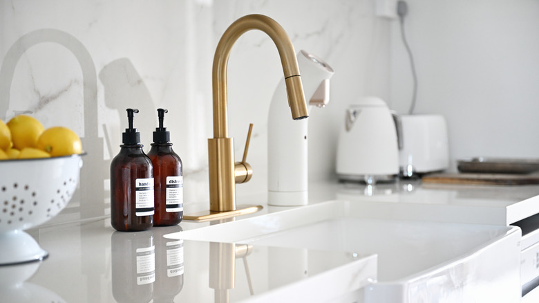 A gleaming, white kitchen counter is mostly clutter free.