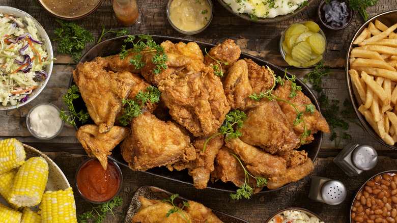 Fried chicken surrounded by sides and condiments