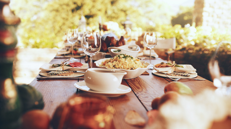 Table set up for meal outdoors