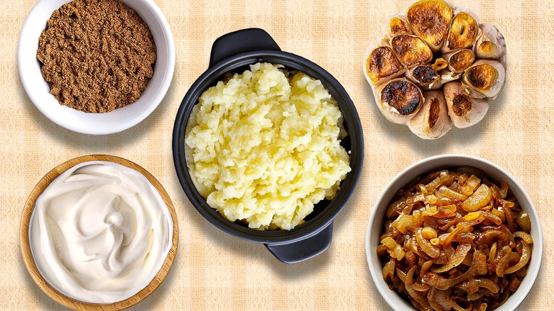 Mashed potatoes with add-ins on a gingham background