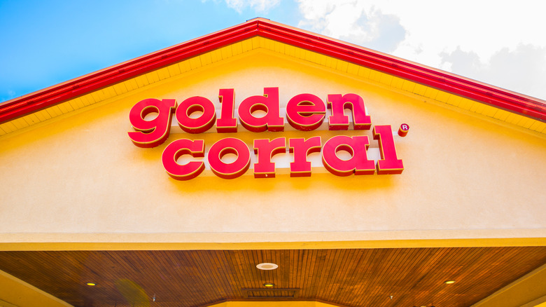 Closeup of the Golden Corral sign on a restaurant's exterior
