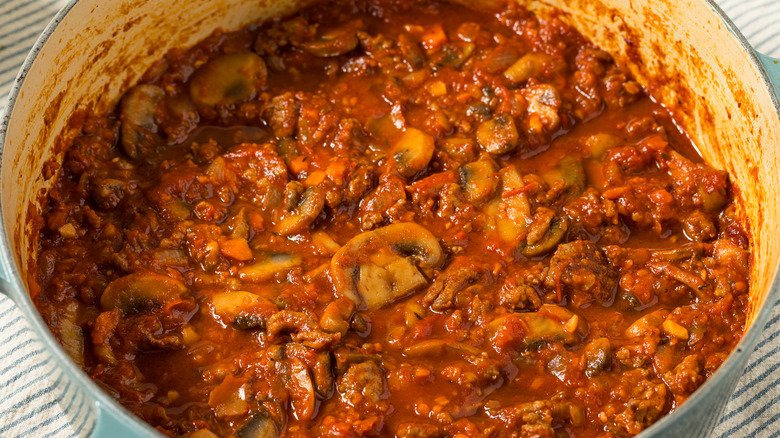 a close up of meaty, creamy, mushroom spaghetti