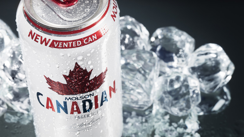 A can of Molson Canadian on ice.