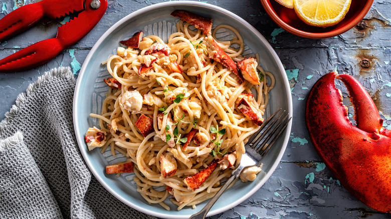 Creamy lobster pasta with lemon and thyme.