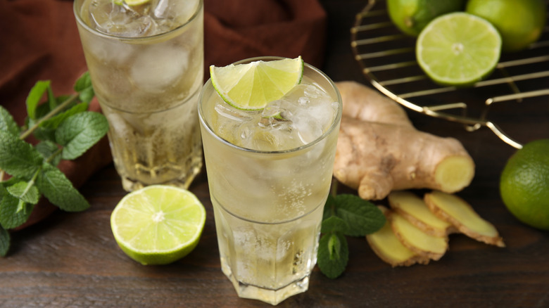 Ginger beer bottles arranged with limes and ginger in the frame.