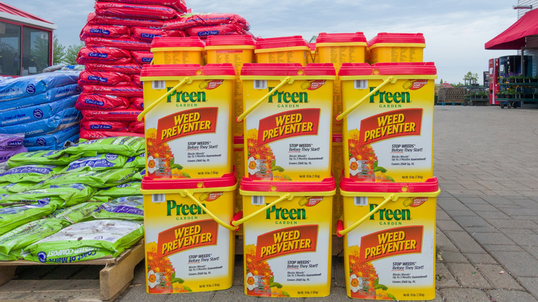 Large containers of Preen Weed Preventer outdoors