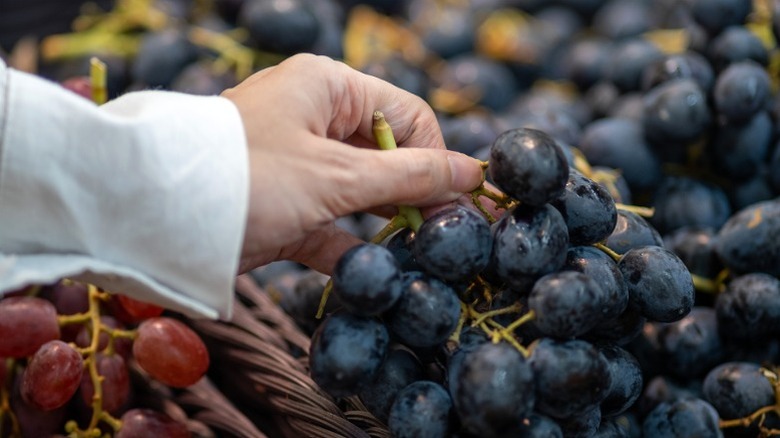 Picking up grapes at store
