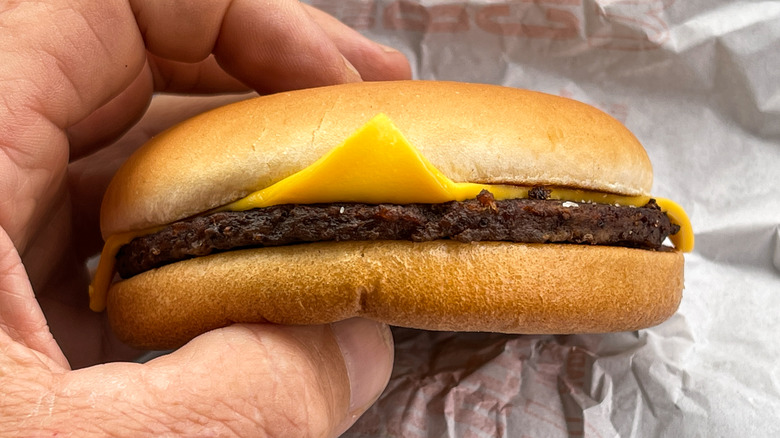A hand holding a McDonald's cheeseburger