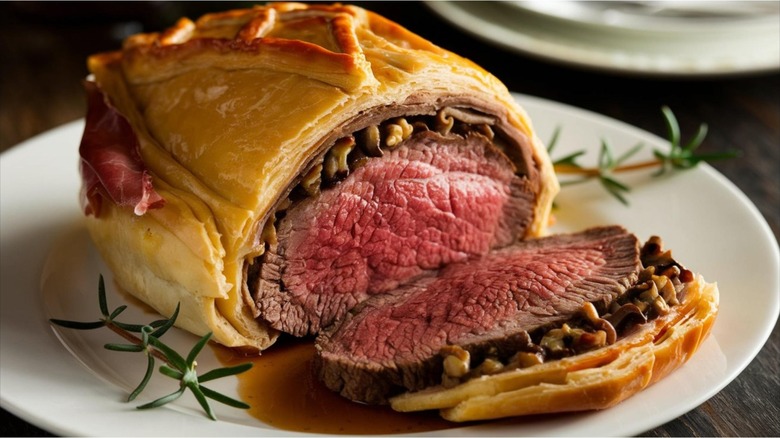 Beef Wellington cut open on plate