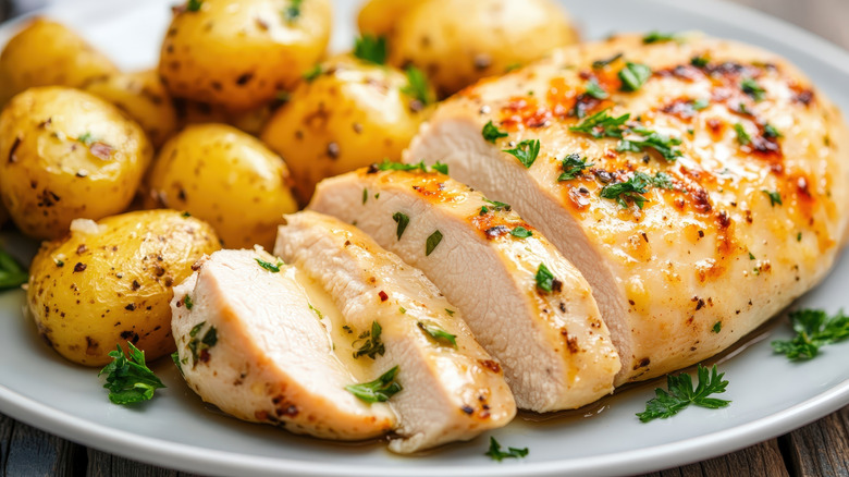 Sliced roasted chicken dressed with herbs next to roasted potatoes on a white plate