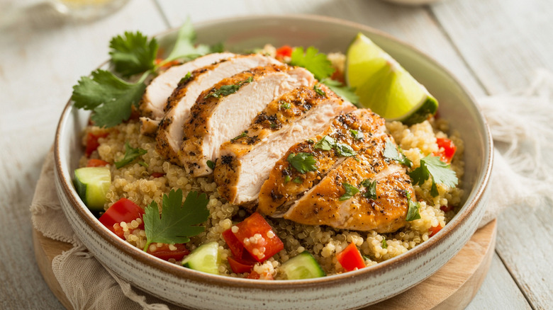 Sliced roasted chicken on top of quinoa, vegetables, and herbs in a bowl
