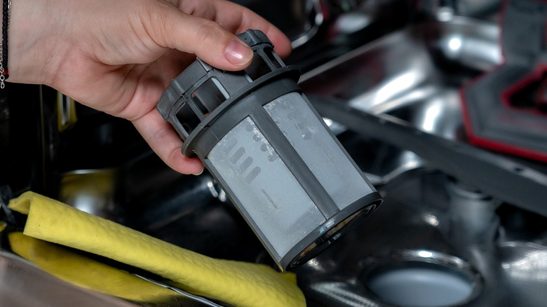 A person removing a dishwasher filter