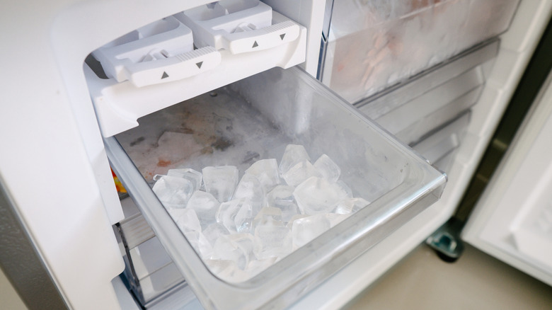 An open fridge, revealing an open ice maker tray with cubes of ice