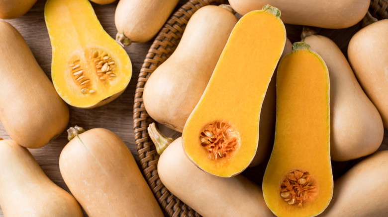 whole butternut squash sliced in half