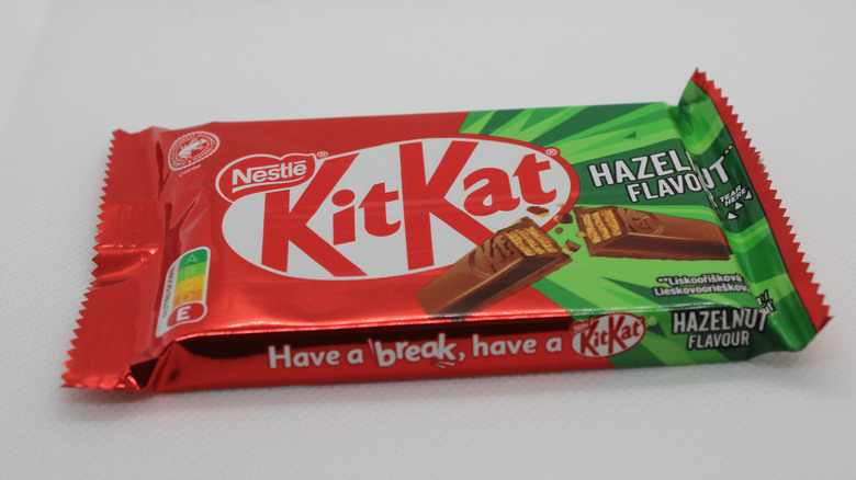 A hazelnut KitKat in its wrapper.