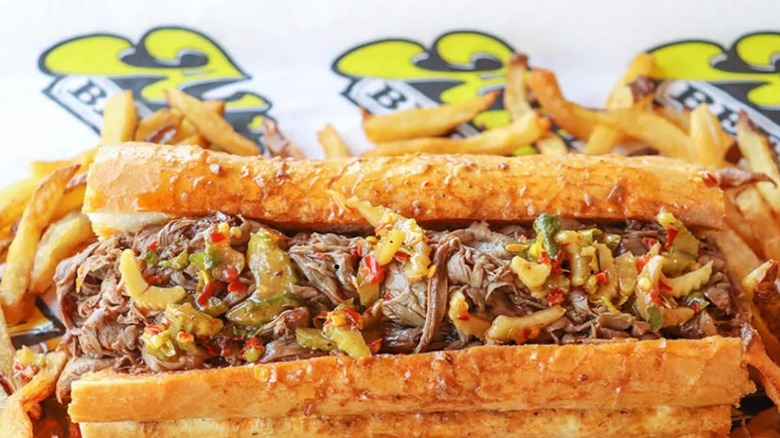 An Italian beef sandwich on a wrapper from Al's Beef in Chicago