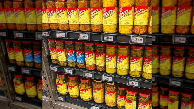 A shelf full of Marconi products at the grocery store