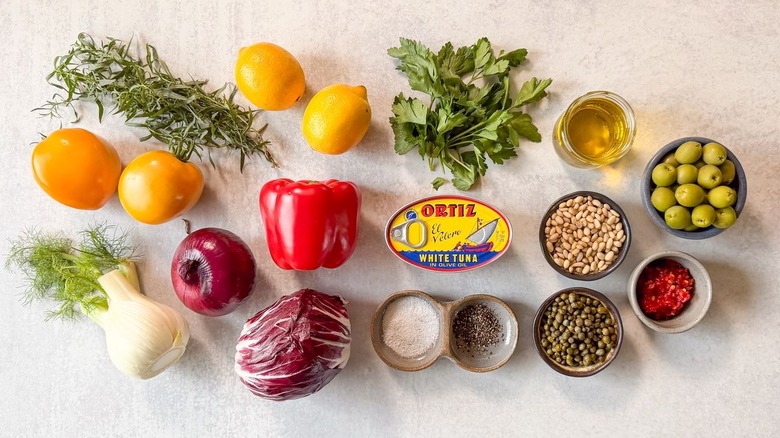 Italian-style tuna salad ingredients on countertop