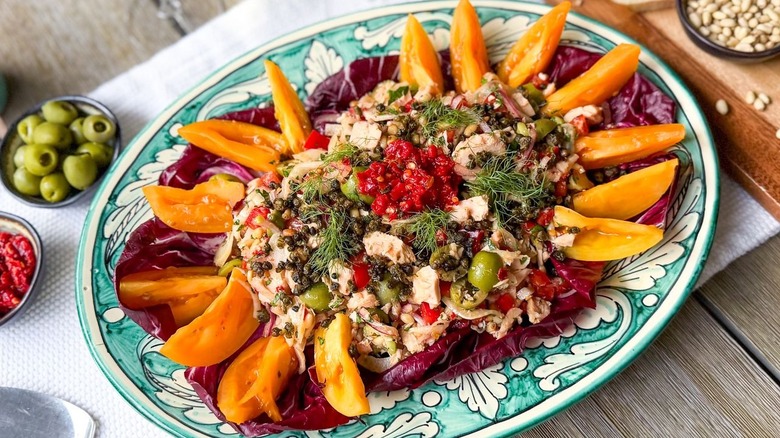 Italian-style tuna salad on serving platter with garnishes