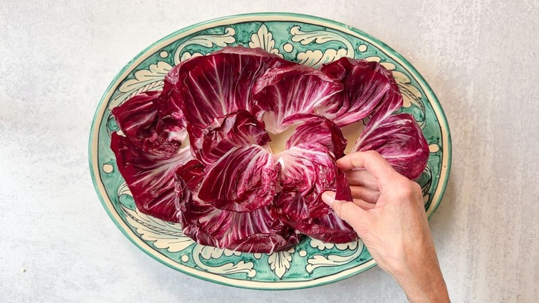 Arranging radicchio leaves on green and white platter