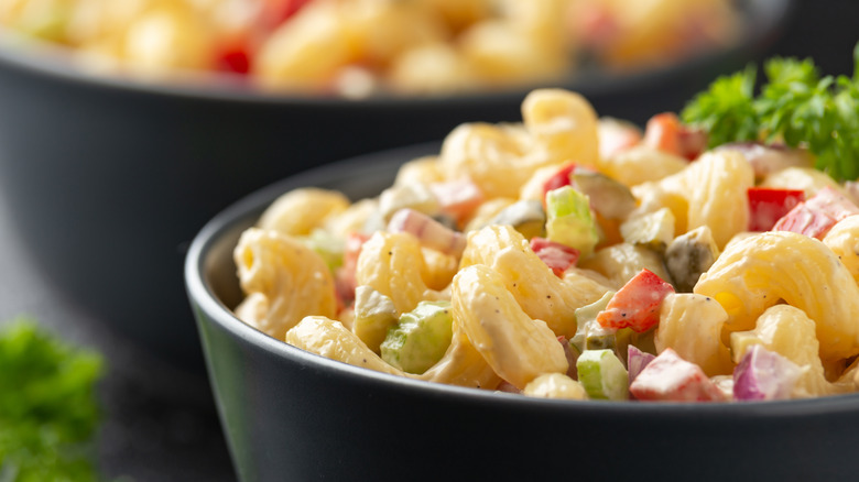 Macaroni Salad with red bell pepper, onion, celery, gherkins and mayonnaise dressing