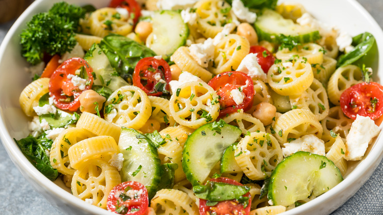 Homemade Mediterranean Rotelle Pasta Salad with Tomato and Cucumber