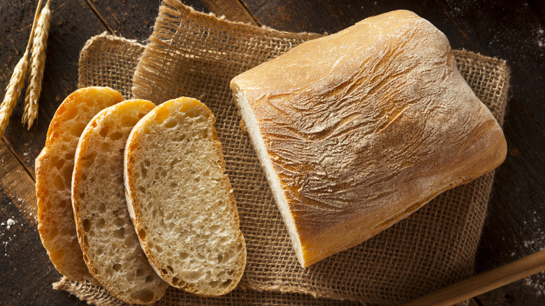 Crusty Italian bread on burlap