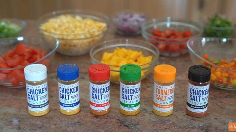 six Jada chicken salts on table with ingredients in bowls