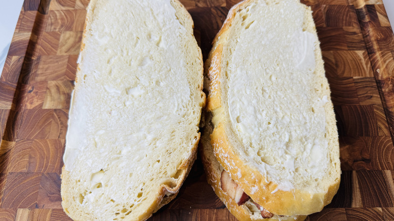 Sourdough sandwiches with mayonnaise on the outside