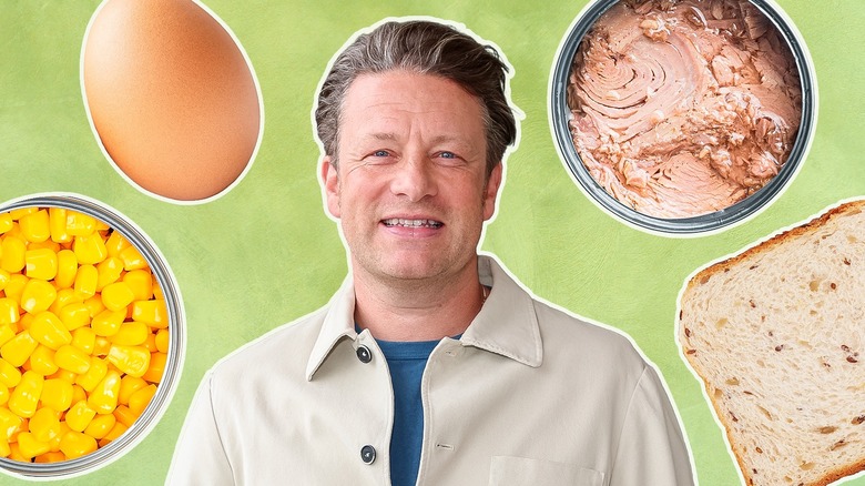 jamie oliver with canned goods, bread, and eggs