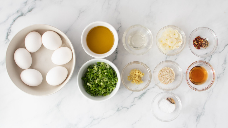 jammy egg ingredients on a counter