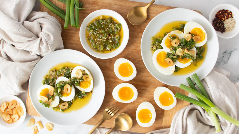 jammy eggs with scallion drizzle and crispy garlic final plate