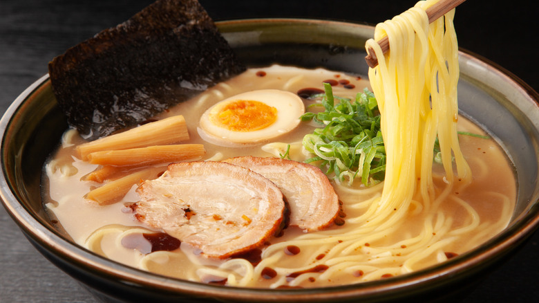 Close-up of bowl of ramen with ramen egg