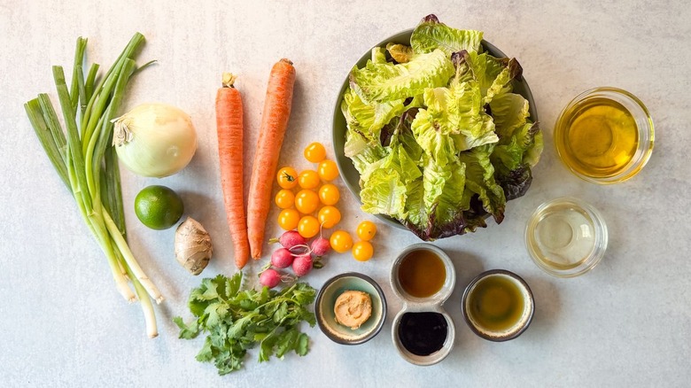Japanese restaurant-style carrot ginger salad ingredients on countertop