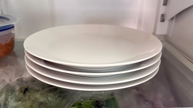 Salad plates chilling in refrigerator