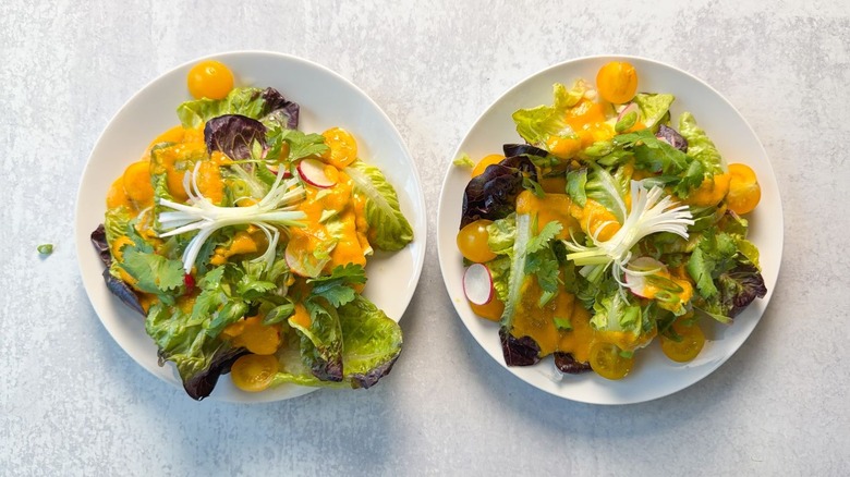 Japanese restaurant-style carrot ginger salads with garnishes