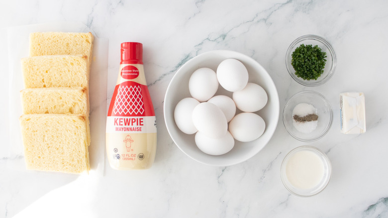 Overhead shot of egg salad sandwich ingredients