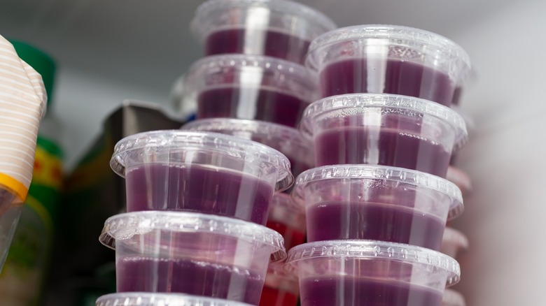 Jell-O shots stacked in the refrigerator