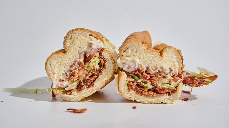 Jersey Mike's sub sliced in half on a table