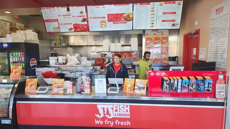 Interior and overhead menu at JJ Fish and Chicken