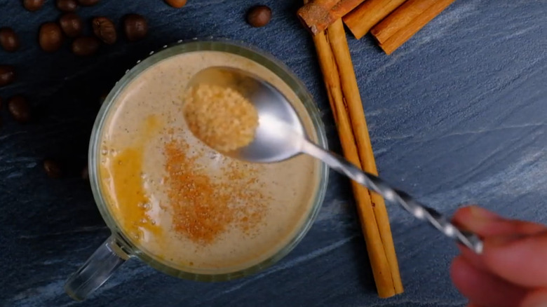 Bird's-eye view of a cup of snickerdoodle latte
