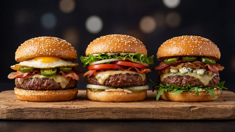 Three cheeseburgers with toppings on a wooden cutting board
