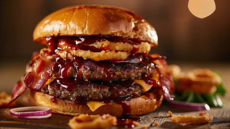 Double-patty cheeseburger topped with barbecue sauce, bacon, and onion rings