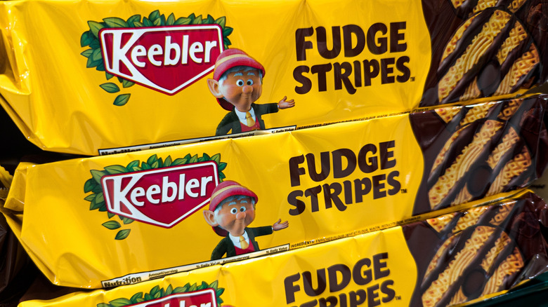 Keebler Fudge Stripes cookies stacked on top of each other
