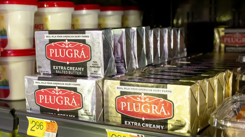 Plugrá butter on grocery store shelves.