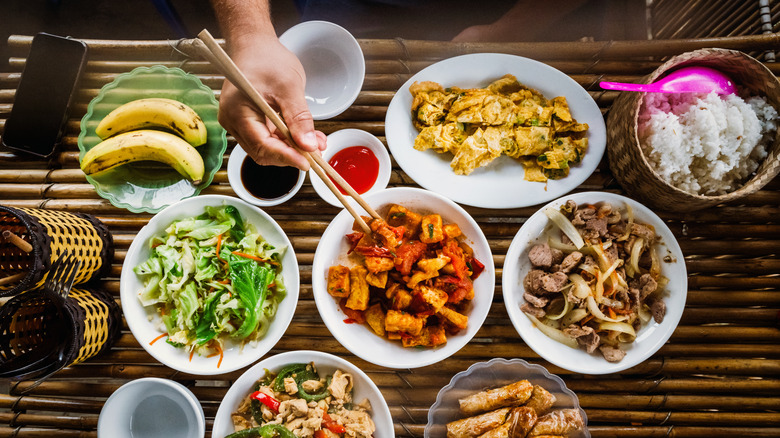 arrangement of many Vietnamese dishes